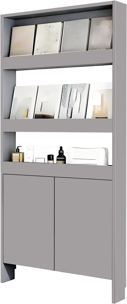 Behind The Door Bookshelf,5-Shelf Bookcase with Storage and Privacy Doors, Wooden Storage Cabinet Behind The Door Suitable for: Bedroom, Living Room