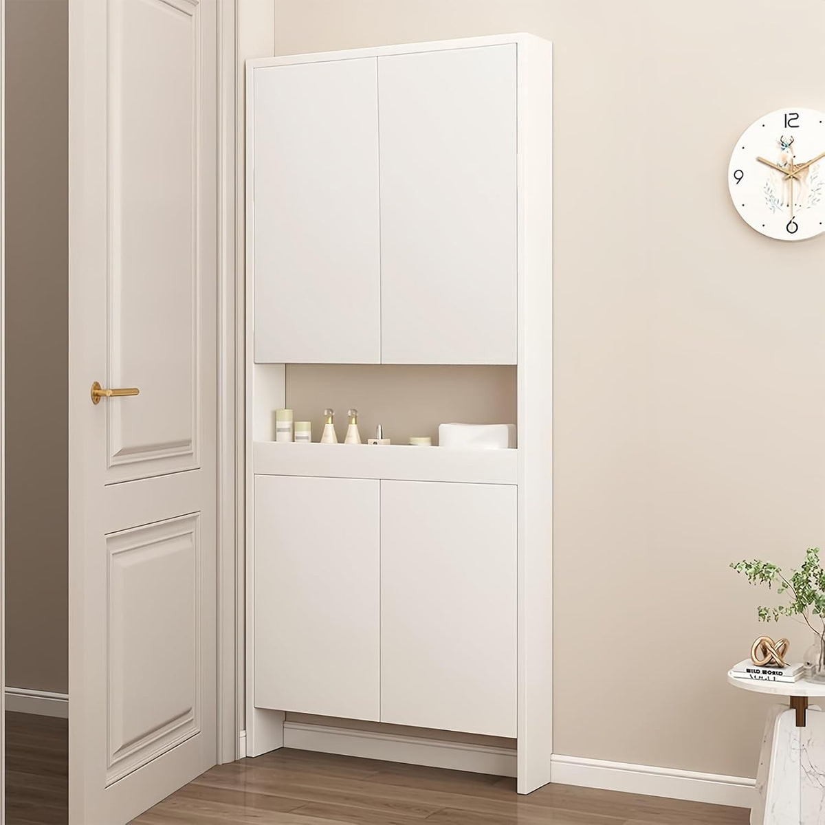 Behind The Door Bookshelf,5-Shelf Bookcase with Storage and Privacy Doors, Wooden Storage Cabinet Behind The Door Suitable for: Bedroom, Living Room