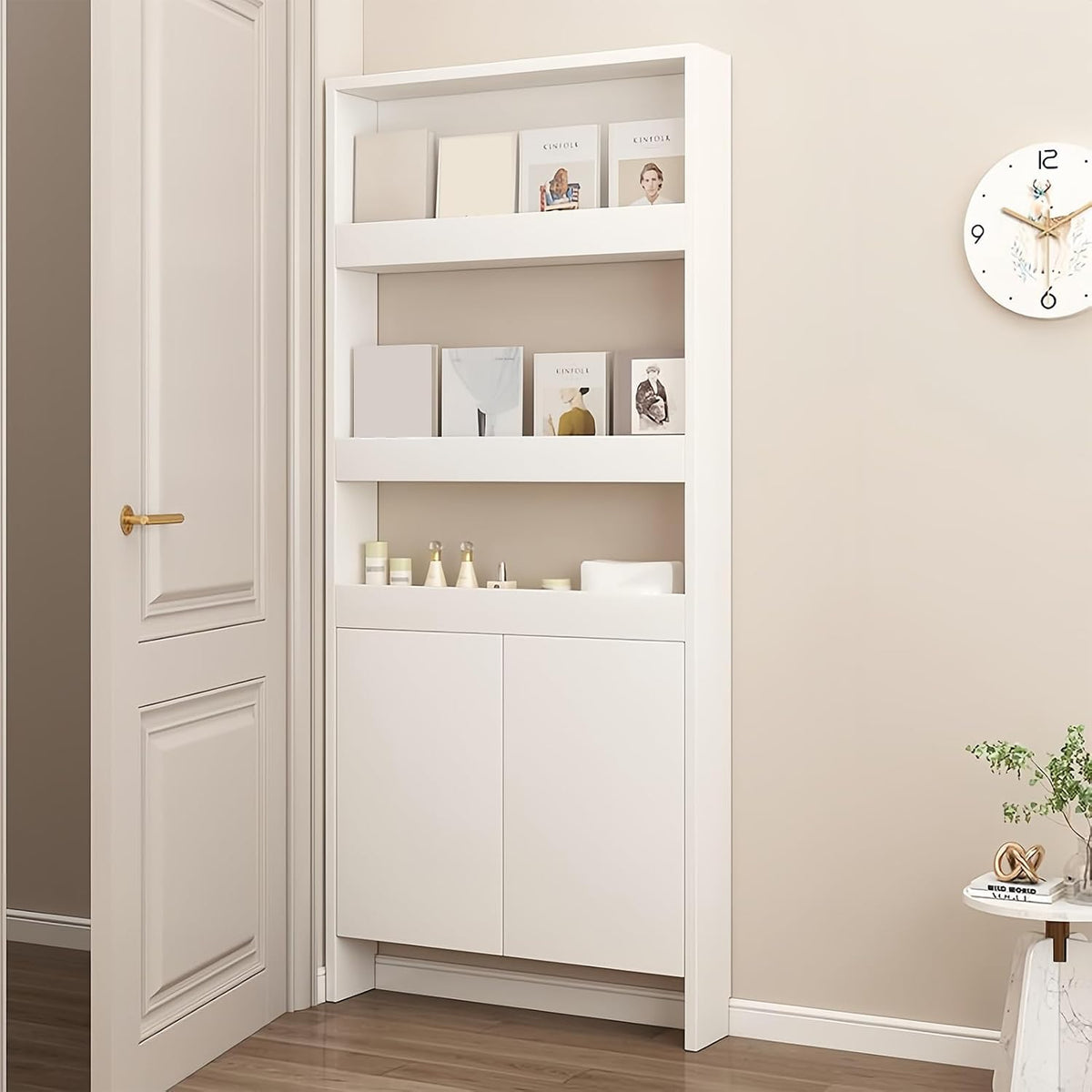 Behind The Door Bookshelf,5-Shelf Bookcase with Storage and Privacy Doors, Wooden Storage Cabinet Behind The Door Suitable for: Bedroom, Living Room