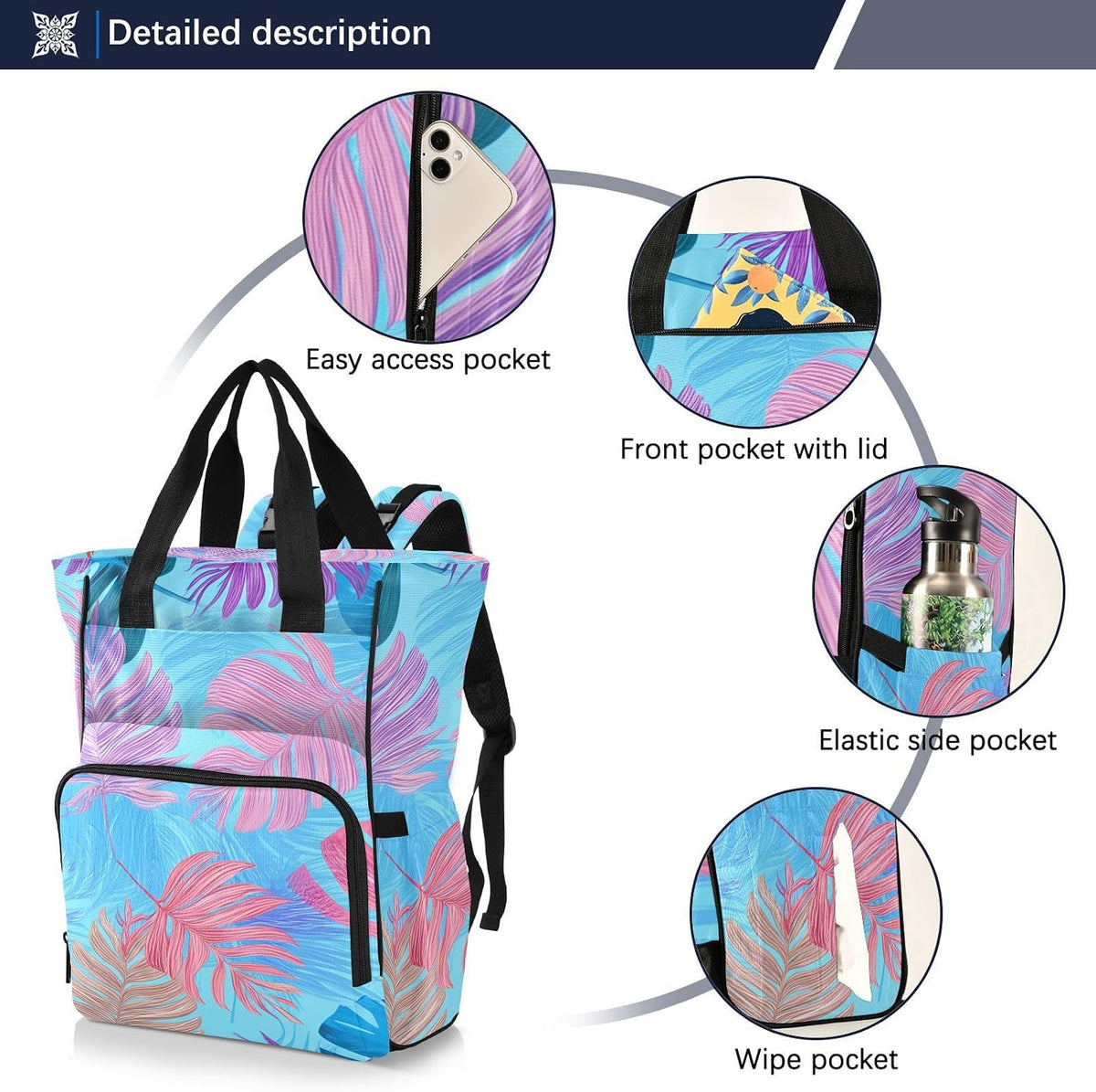 Diaper Bag Backpack, Multifunction Travel Bag for Moms Dads, Baby Changing Bag with Insulted Pockets, Stroller Straps and Side Bottle Pockets Pastel Paradise Pattern