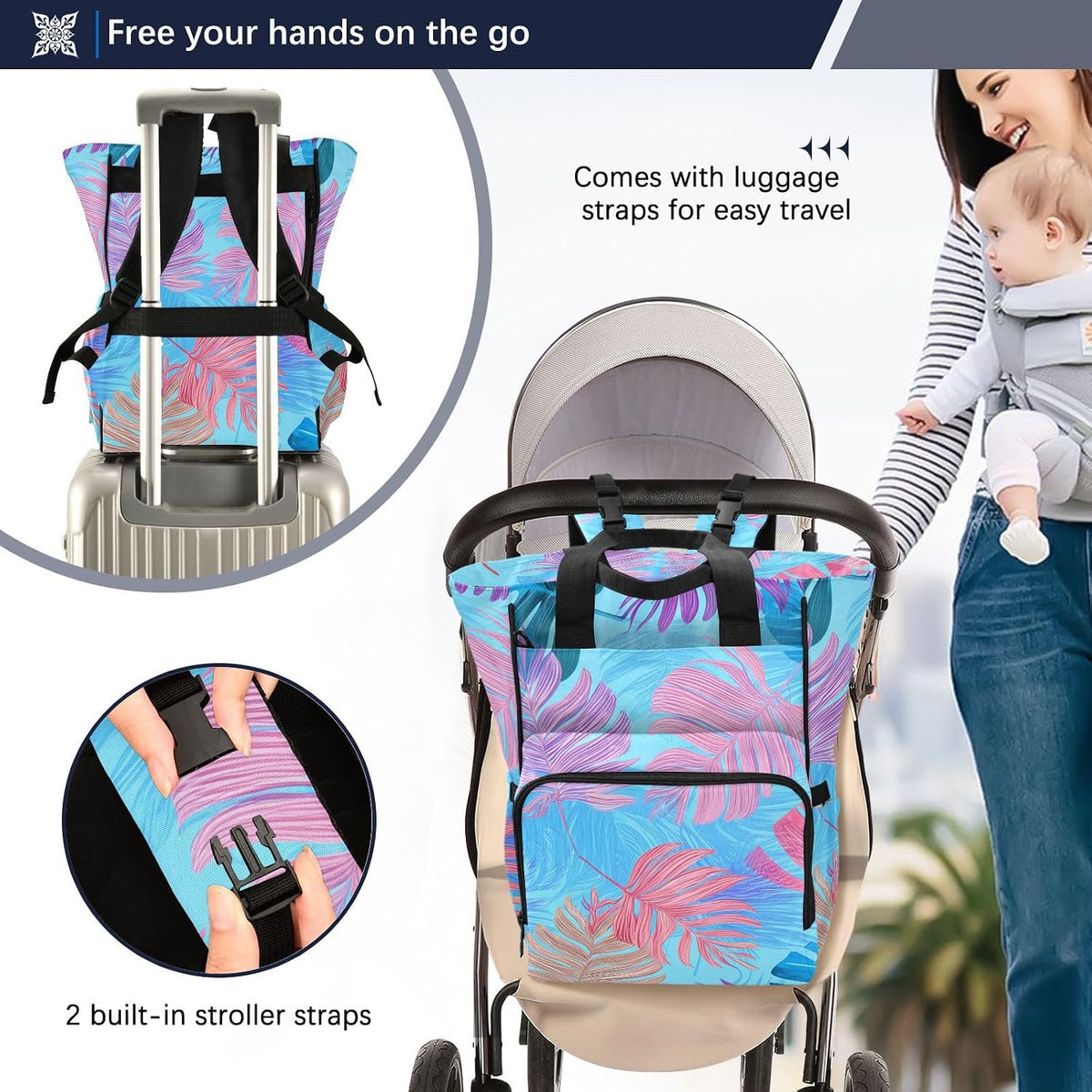 Diaper Bag Backpack, Multifunction Travel Bag for Moms Dads, Baby Changing Bag with Insulted Pockets, Stroller Straps and Side Bottle Pockets Pastel Paradise Pattern