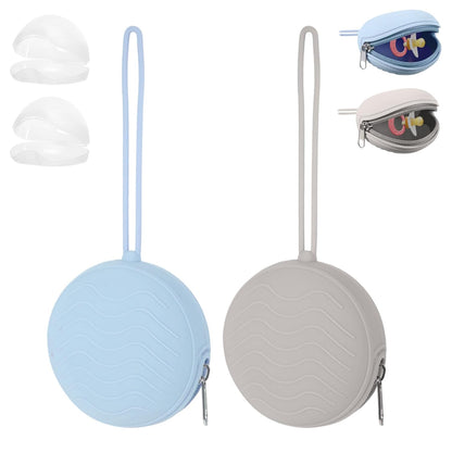 2 Pack Pacifier Holder Case, BPA-Free Silicone Portable Pacifier Case Holder Pouch for Baby Boys & Girls, Travel Storage Container for Newborn, Diaper & Strollers(Light Grey/Blue)
