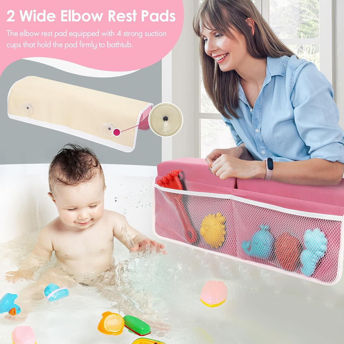 Baby Bath Kneeler and Elbow Rest Pad Set，2 Inch, bathtub kneeling pad，pink
