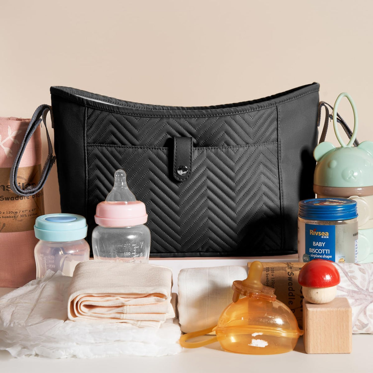 Anti-Slip Stroller Organizer Caddy, 8 Compartments Stroller Attachment Bag with Cup Holders, Universal Baby & Dog Stroller Basket Accessory