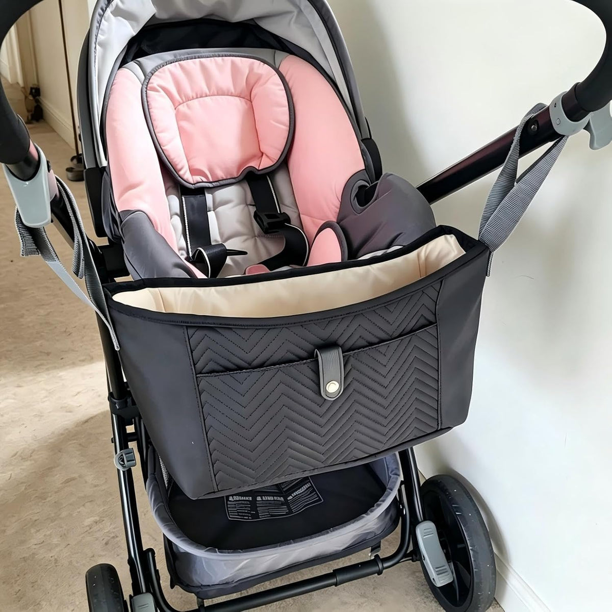 Anti-Slip Stroller Organizer Caddy, 8 Compartments Stroller Attachment Bag with Cup Holders, Universal Baby & Dog Stroller Basket Accessory