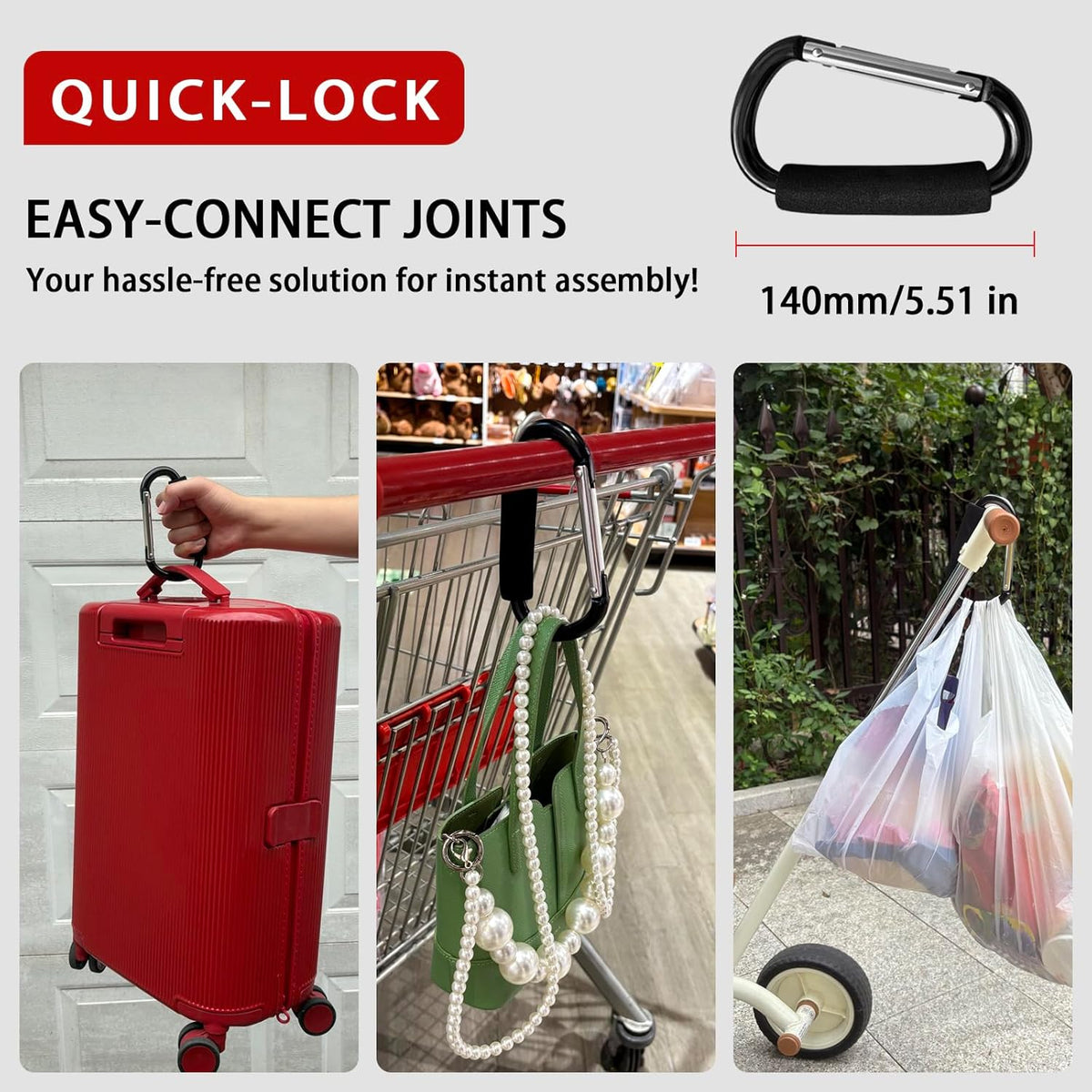 Large Aluminum Carabiner, Heavy-Duty Stroller Hooks for Hanging Bags and Shopping – Durable Multi-Purpose Carabiner Clips for Camping, Hiking, Travel, Outdoor Accessories
