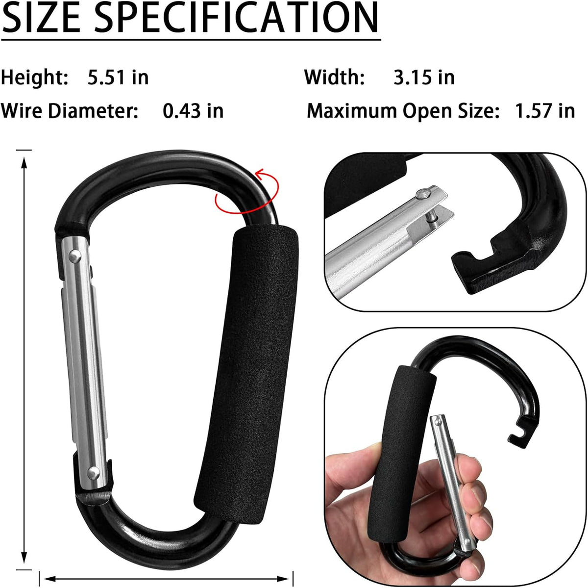 Large Aluminum Carabiner, Heavy-Duty Stroller Hooks for Hanging Bags and Shopping – Durable Multi-Purpose Carabiner Clips for Camping, Hiking, Travel, Outdoor Accessories