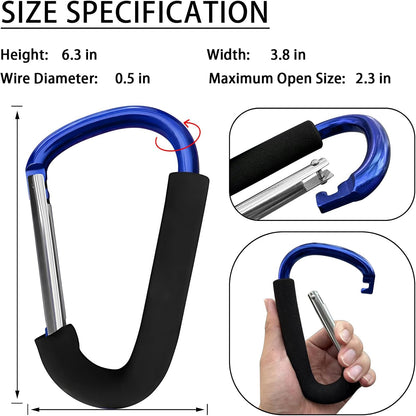 Large Aluminum Carabiner, Heavy-Duty Stroller Hooks for Hanging Bags and Shopping – Durable Multi-Purpose Carabiner Clips for Camping, Hiking, Travel, Outdoor Accessories