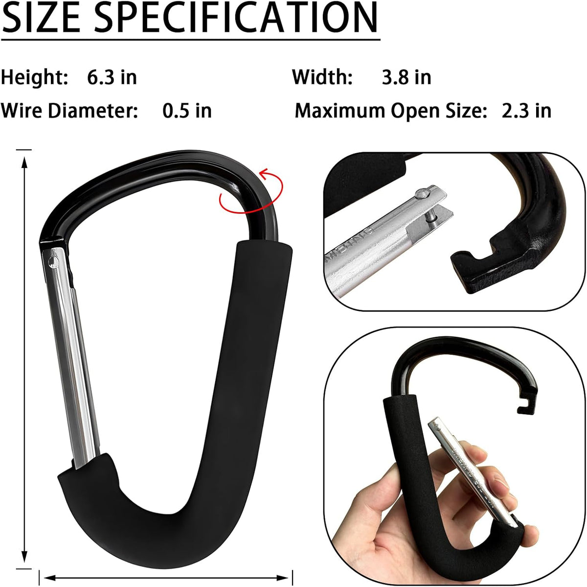 Large Aluminum Carabiner, Heavy-Duty Stroller Hooks for Hanging Bags and Shopping – Durable Multi-Purpose Carabiner Clips for Camping, Hiking, Travel, Outdoor Accessories