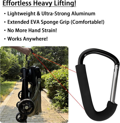 Large Aluminum Carabiner, Heavy-Duty Stroller Hooks for Hanging Bags and Shopping – Durable Multi-Purpose Carabiner Clips for Camping, Hiking, Travel, Outdoor Accessories