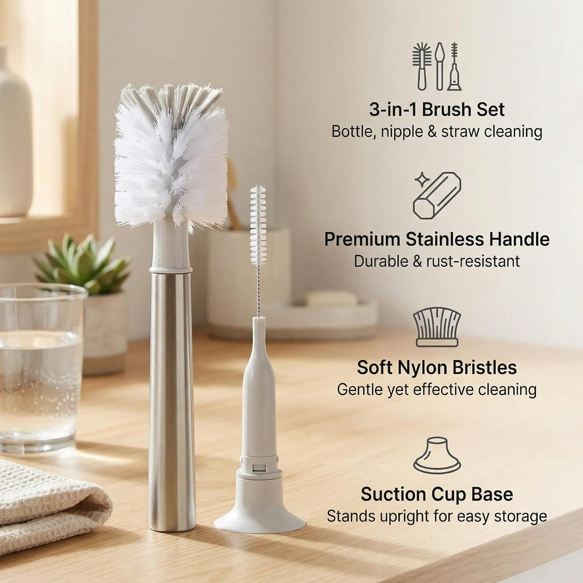 3-in-1 Stainless Bottle Brush for Baby Bottles - Water Bottle Brush Cleaner with Nipple and Straw Brush, Long Bottle Washer, Cup and Tumbler Cleaner Brush. (Pack of 1)