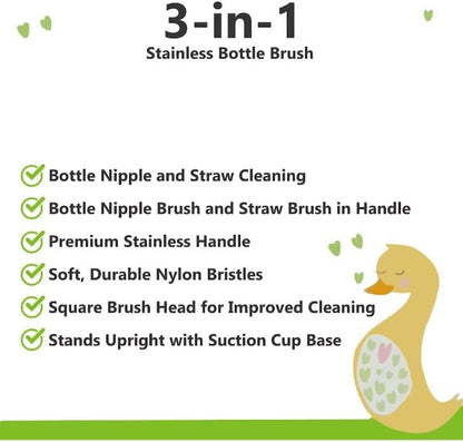 3-in-1 Stainless Bottle Brush for Baby Bottles - Water Bottle Brush Cleaner with Nipple and Straw Brush, Long Bottle Washer, Cup and Tumbler Cleaner Brush. (Pack of 1)