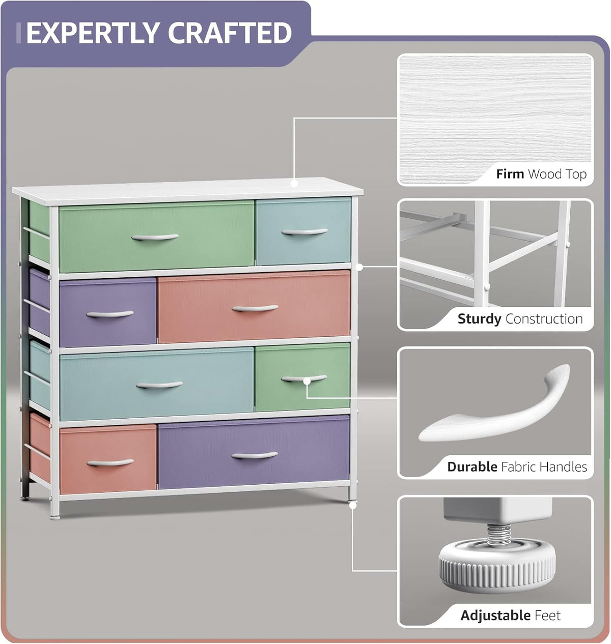 Kids Dresser for Bedroom, Fabric Drawers (8 Drawer, Pink)