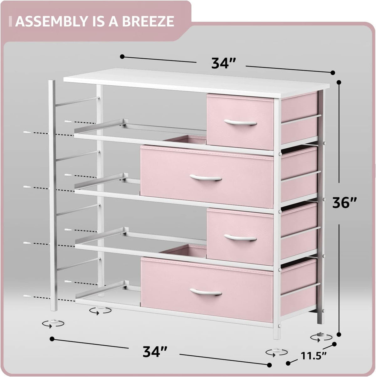 Kids Dresser for Bedroom, Fabric Drawers (8 Drawer, Pink)