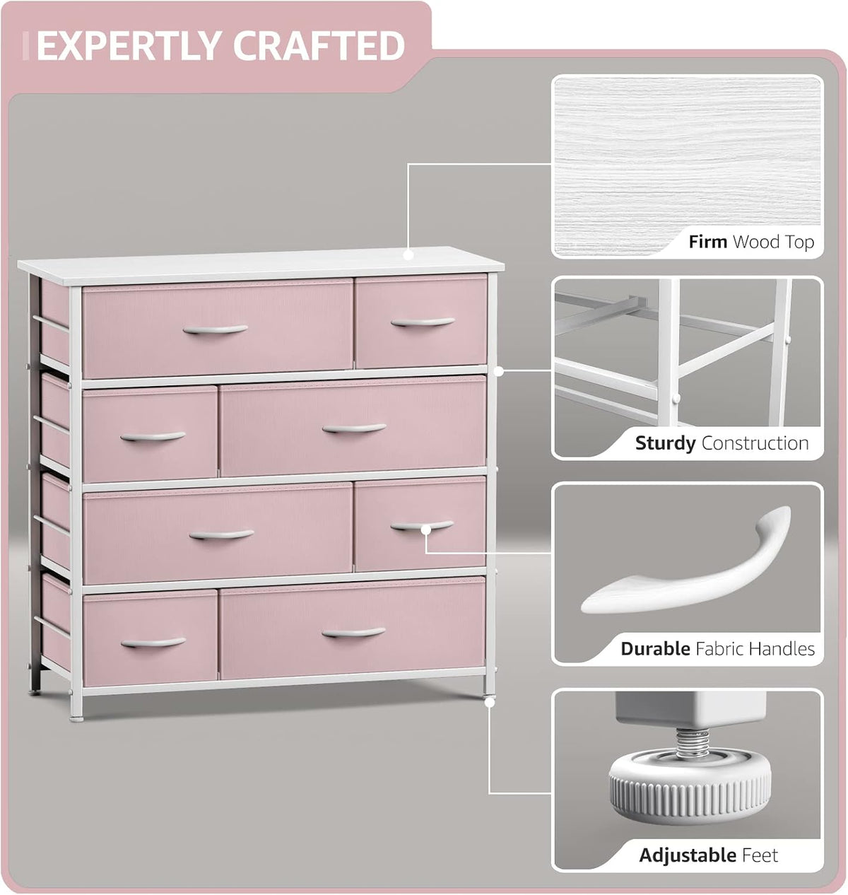 Kids Dresser for Bedroom, Fabric Drawers (8 Drawer, Pink)