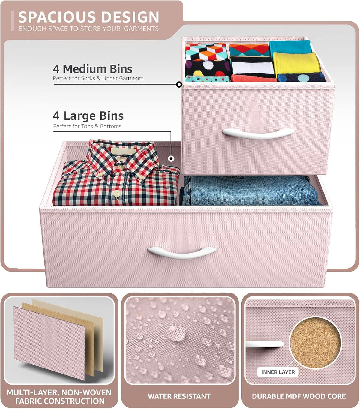 Kids Dresser for Bedroom, Fabric Drawers (8 Drawer, Pink)