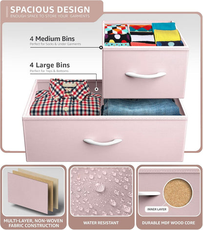 Kids Dresser for Bedroom, Fabric Drawers (8 Drawer, Pink)