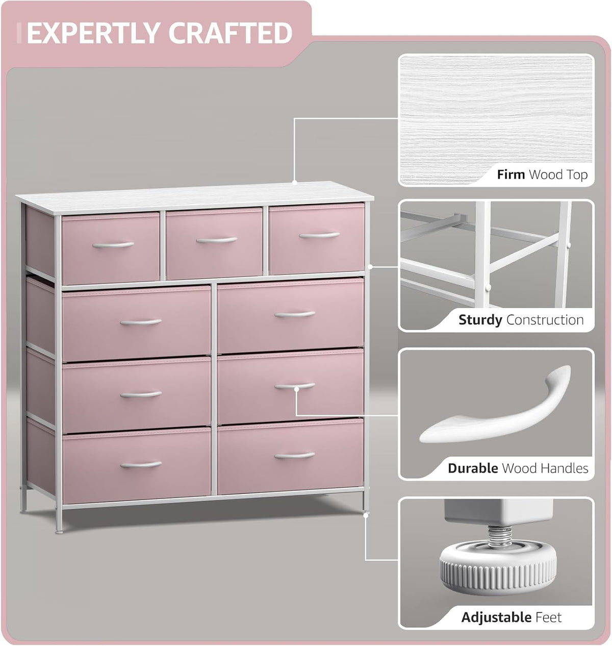 Kids Dresser for Bedroom, Fabric Drawers (8 Drawer, Pink)