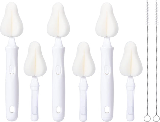 Carebabymore 8 Pcs Sponge Nipple Bottle Brushes, Baby Bottle Brush with 3 Pcs Nipple Cleaner, 3 Pcs Replacement Heads and 2 Pcs Straw Brushes, White