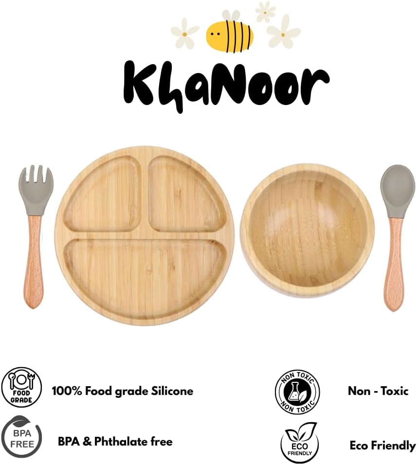 Bamboo Toddler Plate & Bowl Set with Strong Suction – Includes Plate, Bowl, Spoon & Fork – Baby Plates with Suction for Baby Led Weaning, Kids Feeding Essentials, Non-Toxic & BPA Free
