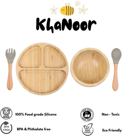 Bamboo Toddler Plate & Bowl Set with Strong Suction – Includes Plate, Bowl, Spoon & Fork – Baby Plates with Suction for Baby Led Weaning, Kids Feeding Essentials, Non-Toxic & BPA Free