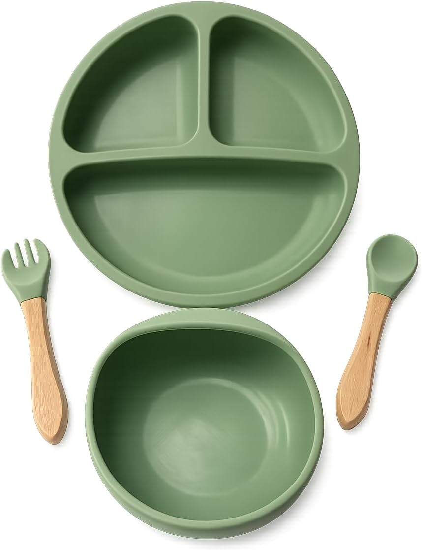 NurtureNest Silicone Toddler Feeding Set – Suction Plate & Bowl, Toddler Spoon & Fork, BPA-Free, Dishwasher Safe, Microwave Safe, Sage Green