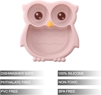 PandaEar Toddler Suction Plates, Stay Put Divided Baby Plates, Owl Shape BPA-Free 100% Food-Grade Silicone Unbreakable Baby Plate, Baby Feeding Supplies (Blue)