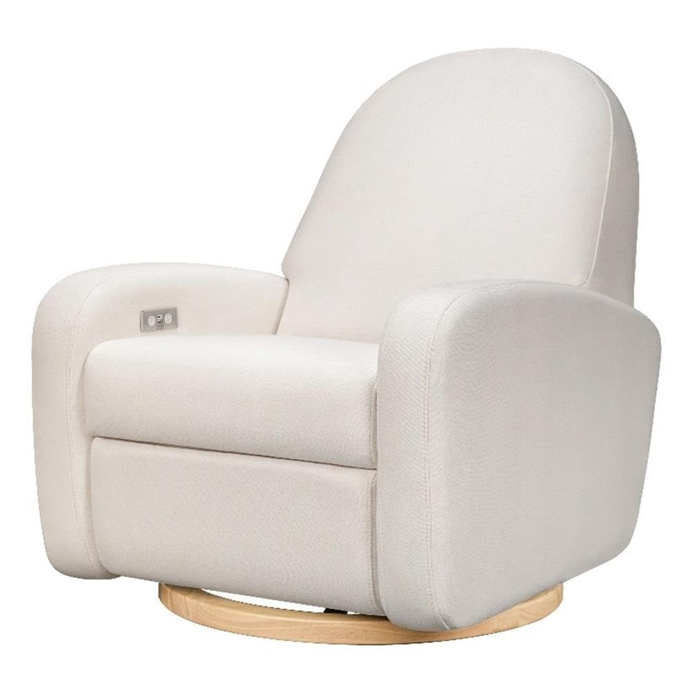 Babyletto Nami Electronic Power Recliner and Swivel Glider with USB Port in Ivory Boucle with Light Wood Base, Greenguard Gold and CertiPUR-US Certified