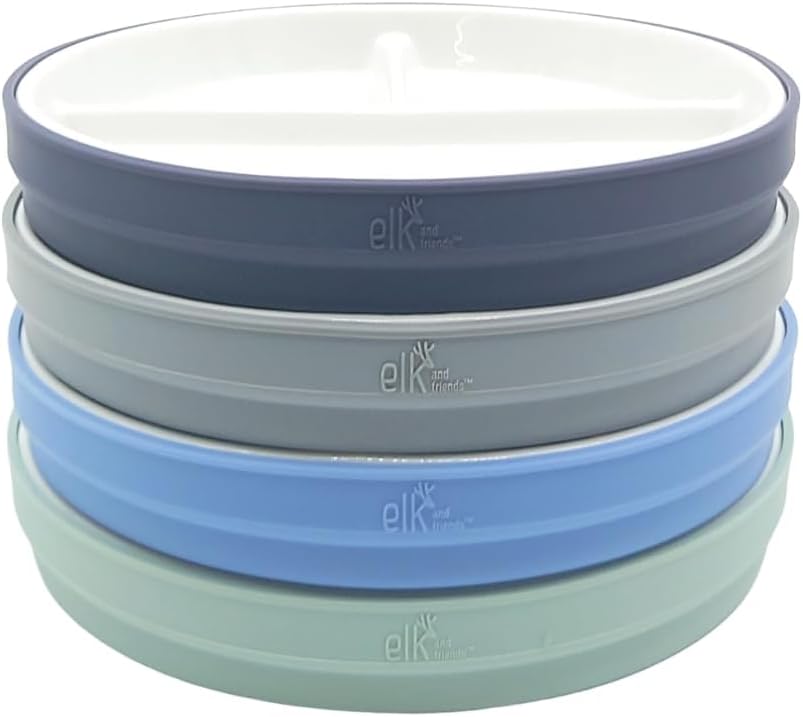 Elk and Friends Kids 7.8” Porcelain Divided Plates with Silicone Sleeves | Suitable for Babies/Kids/Toddlers | Microwave & Dishwasher Safe | Non Slip | Snack Dishes