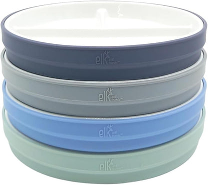 Elk and Friends Kids 7.8” Porcelain Divided Plates with Silicone Sleeves | Suitable for Babies/Kids/Toddlers | Microwave & Dishwasher Safe | Non Slip | Snack Dishes