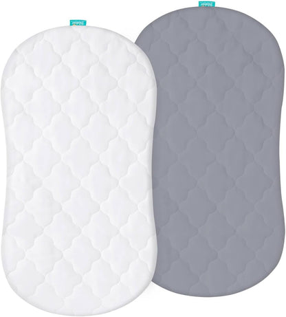 Bassinet Mattress Pad Cover Waterproof, Quilted Mattress Protector Sheets Fits All Mainstream Bassinet - Rectangle, Oval, Hourglass, 2 Pack, 17'' x 33'', Ultra Soft Breathable, White and Grey