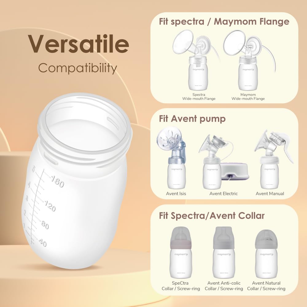 Maymom Wide-Mouth Milk Storage Feeding Collection Bottle with Nipple, Dome Cap, Bottle Top, SureSeal Sealing Disk; Compatible with Spectra Pump/Motif Luna; 5 pc (4.7Oz/140mL)