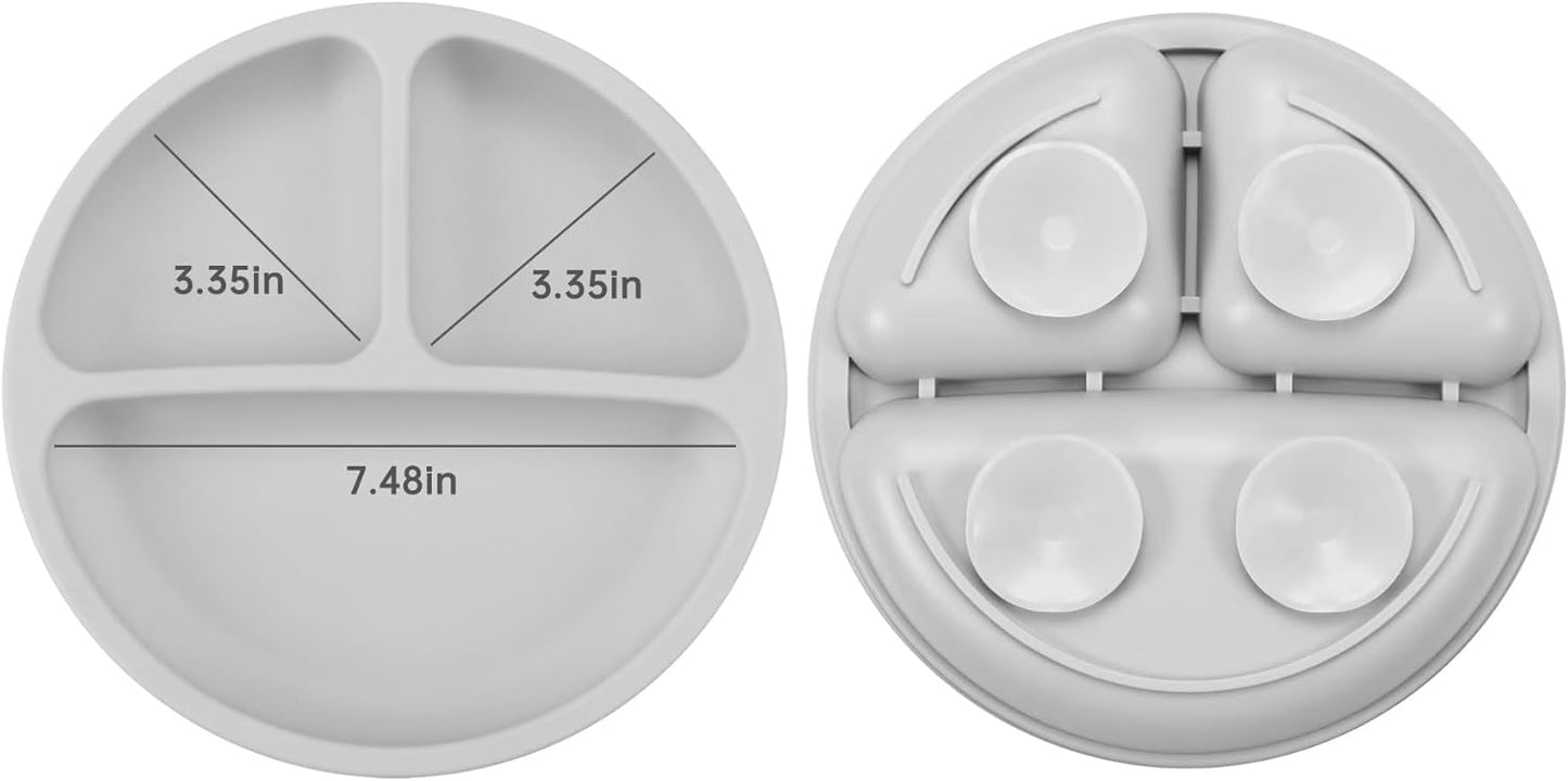 PandaEar Silicone Baby Feeding Set| 2 Divided Suction Plate + 2 Suction Bowl + 2 Tiny Cup with 2 Spoons| Baby Led Weaning Supplies Self Feeding Utensils (Blue White)