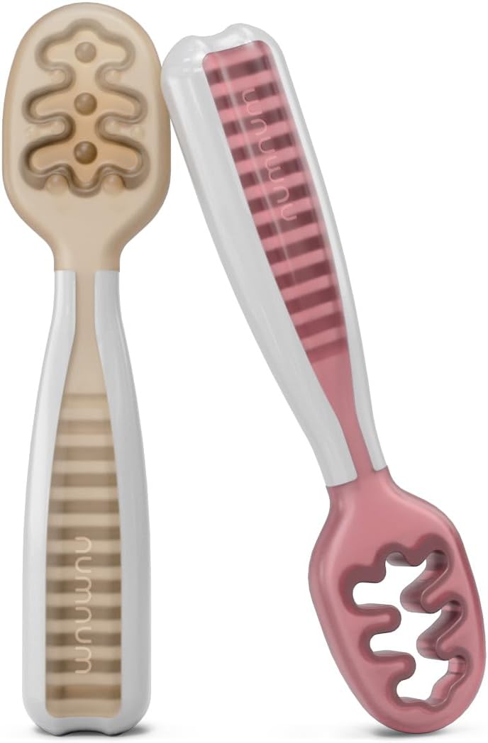 NumNum Baby Spoons Set, Baby Essentials Pre-Spoon GOOtensils for 6+ Months, First Stage Self-Feeding Spoons for Baby Led Weaning (BLW), Silicone Toddler Utensils, BPA-Free, 2 Pack Gray/Green