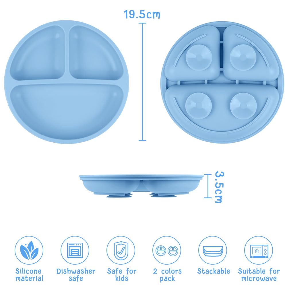 Vicloon Suction Plates, 2 Pcs Baby Toddler Plate Silicone, BPA Free Divided Plate, Divided Plate Design,Silicone Grip Dish Microwave & Dishwasher Safe