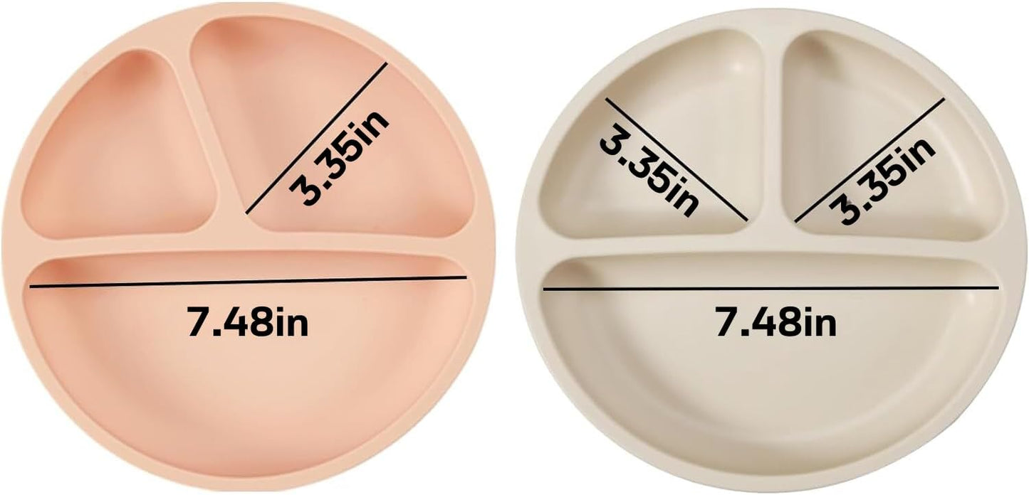 PandaEar 2 Pack Silicone Divided Suction Plates with 2 Spoons 2 Forks for Babies & Toddlers | Baby Led Weaning Supplies Self Feeding Eating Utensils | BPA-Free Silicone Baby Feeding Set -Pink & Linen