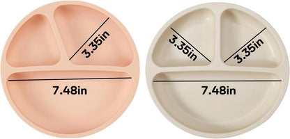 PandaEar 2 Pack Silicone Divided Suction Plates with 2 Spoons 2 Forks for Babies & Toddlers | Baby Led Weaning Supplies Self Feeding Eating Utensils | BPA-Free Silicone Baby Feeding Set -Pink & Linen