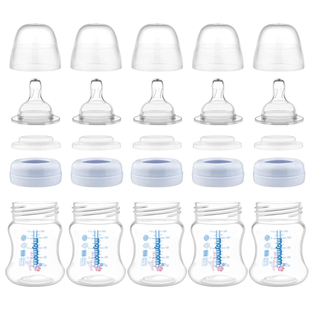 Maymom Wide-Mouth Milk Storage Feeding Collection Bottle with Nipple, Dome Cap, Bottle Top, SureSeal Sealing Disk; Compatible with Spectra Pump/Motif Luna; 5 pc (4.7Oz/140mL)
