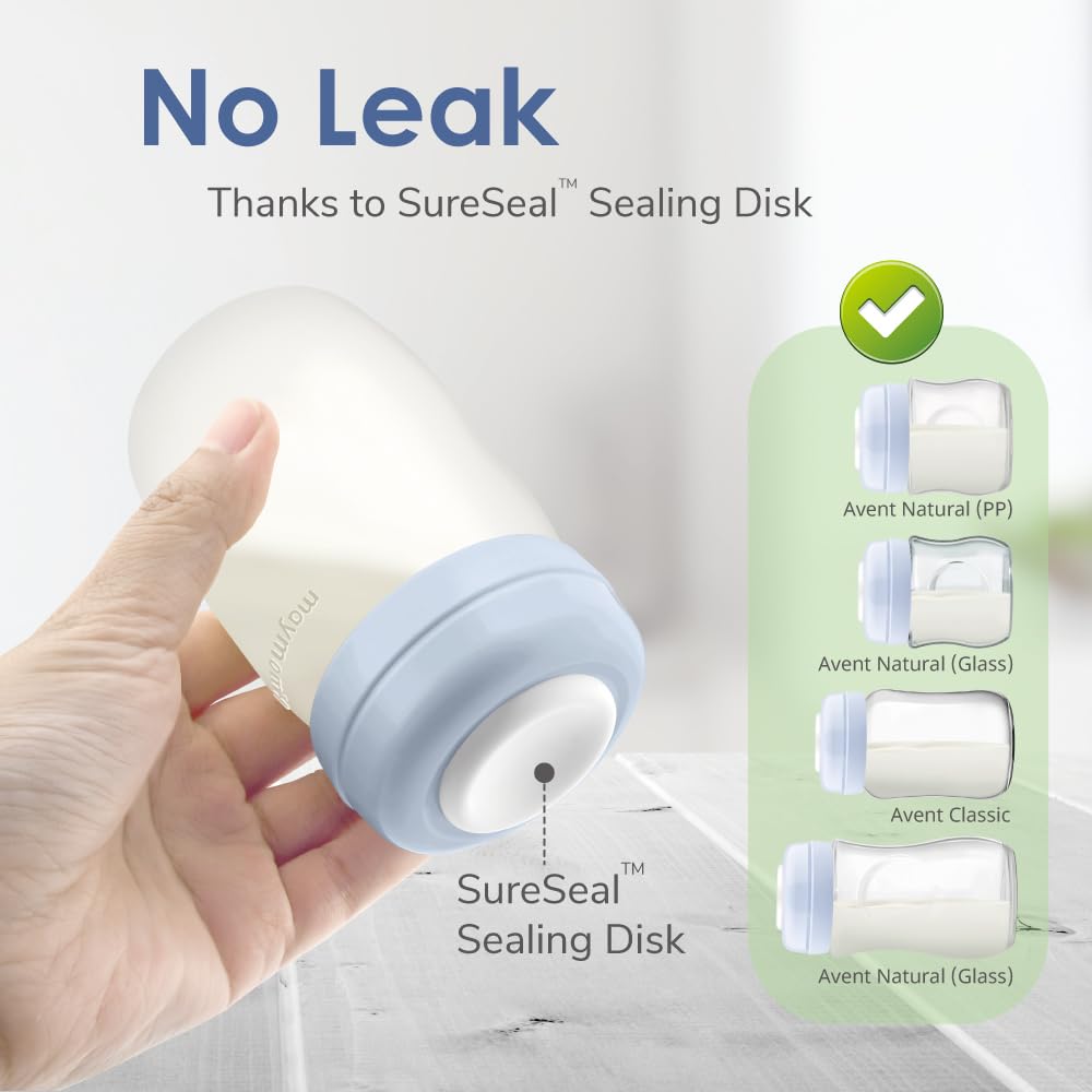 Maymom Wide-Mouth Milk Storage Feeding Collection Bottle with Nipple, Dome Cap, Bottle Top, SureSeal Sealing Disk; Compatible with Spectra Pump/Motif Luna; 5 pc (4.7Oz/140mL)
