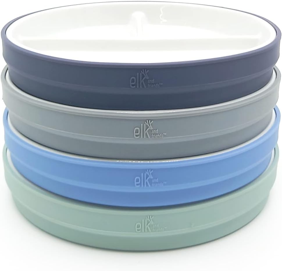 Elk and Friends Kids 7.8” Porcelain Divided Plates with Silicone Sleeves | Suitable for Babies/Kids/Toddlers | Microwave & Dishwasher Safe | Non Slip | Snack Dishes