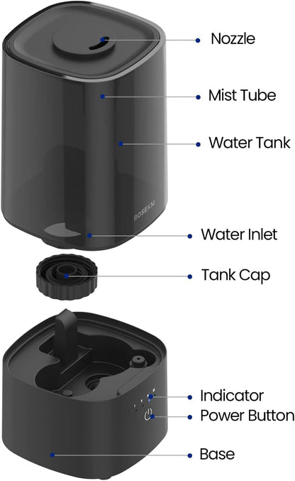 ROSEKM Humidifiers for Bedroom, 2.0L Cool Mist Humidifier for Home Plant and Baby Nursery, Quiet Ultrasonic Humidifier with 360° Nozzle, Auto Shut-Off, Filterless, Black