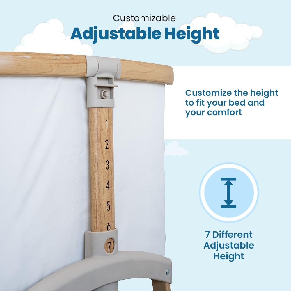 Motherly Haven Baby Bassinet Bedside Sleeper, Portable Crib for Newborns, Adjustable 7-Height Auto-Lock, with Wheels, Soft Mattress & Breathable Mesh (Light Grey)