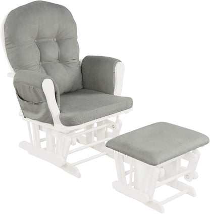 Costzon Nursery Glider with Ottoman, Upholstered Comfort Glider Rocker with Padded Cushion, Storage Pocket, Solid Wood Base, Rocking Chair Nursery for Breastfeeding, Napping (Light Gray)