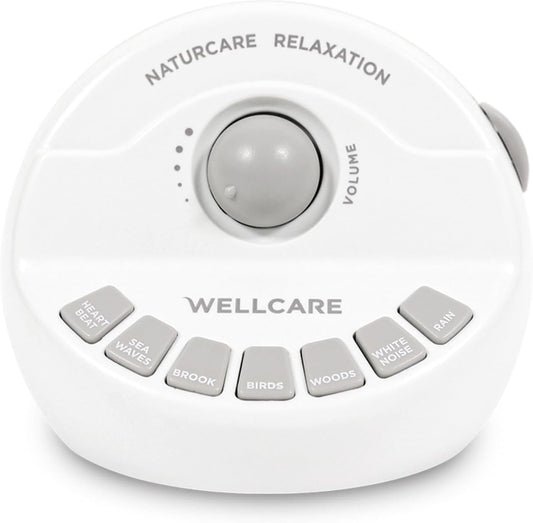 WELLCARE-Naturcare Sound Relaxation: White Noise, 7 Nature Sounds, Sleep Sound Machine, Calm Infants, for Baby, Kids, Adult. Stepless Volume, Timer, Powered by Adapter(Incl.) or Batteries(Not Incl.)
