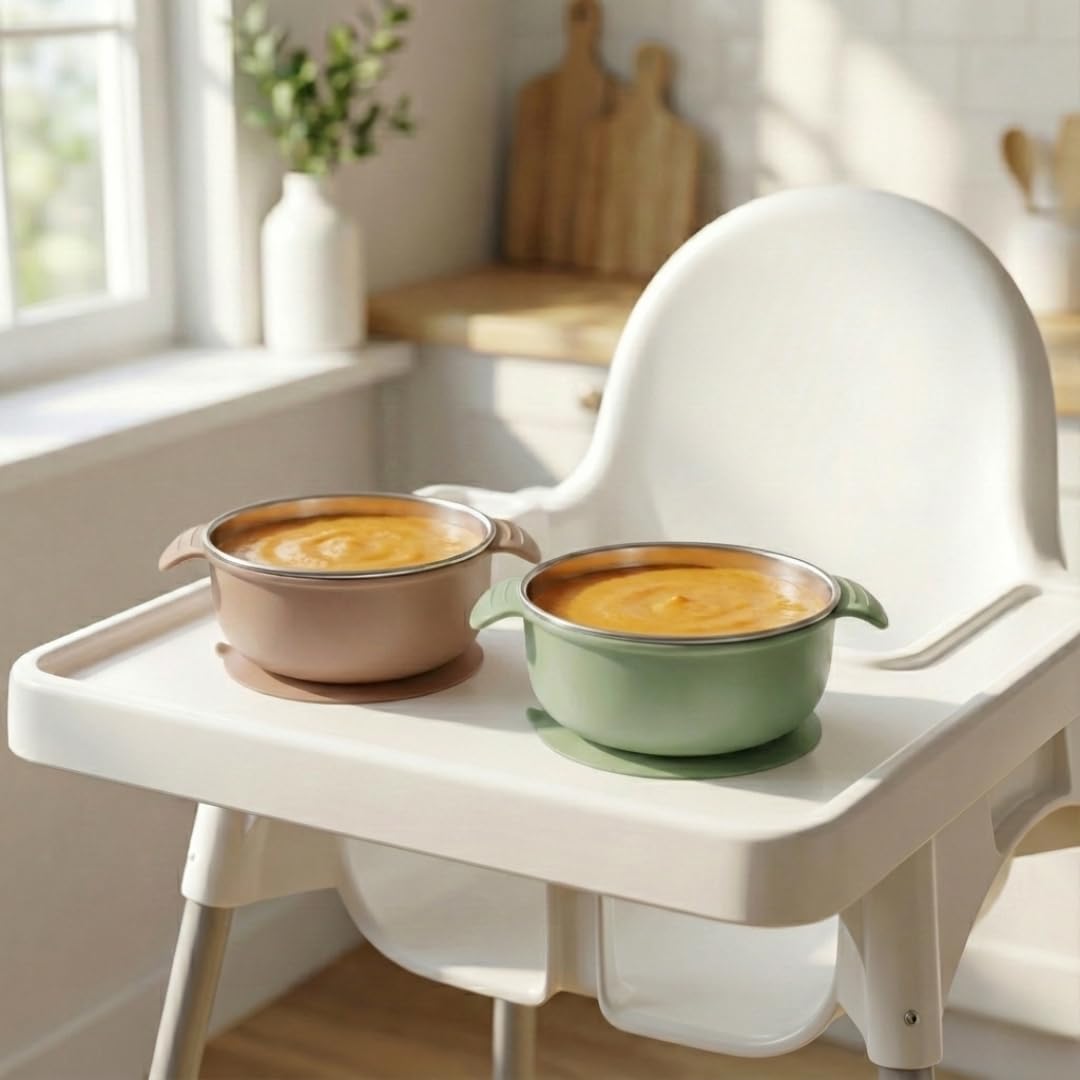 Stainless Steel Baby Suction Bowls with Handles 2 Pack, Non-Slip Children Food Bowl with Silicone Sleeve for Kids Toddlers Infants, Unbreakable & Non Toxic (Sage Green & Mocha Mousse)