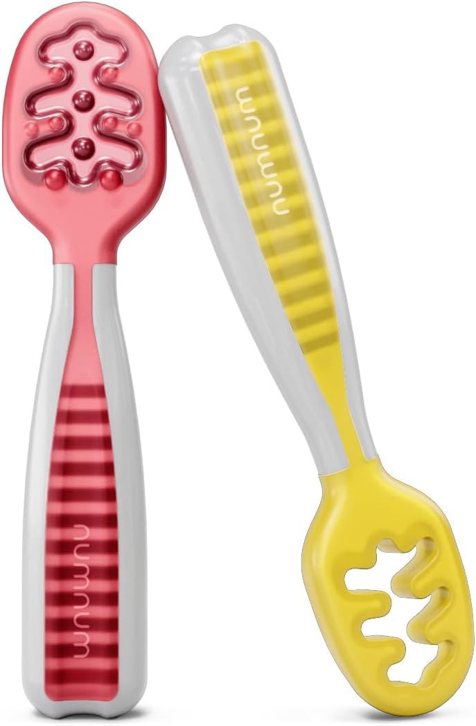 NumNum Baby Spoons Set, Baby Essentials Pre-Spoon GOOtensils for 6+ Months, First Stage Self-Feeding Spoons for Baby Led Weaning (BLW), Silicone Toddler Utensils, BPA-Free, 2 Pack Gray/Green
