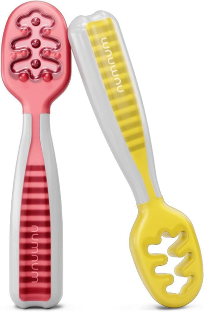NumNum Baby Spoons Set, Baby Essentials Pre-Spoon GOOtensils for 6+ Months, First Stage Self-Feeding Spoons for Baby Led Weaning (BLW), Silicone Toddler Utensils, BPA-Free, 2 Pack Gray/Green