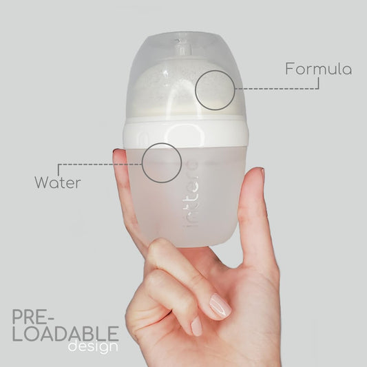 Baby Bottles with Built-in Formula Dispenser, Anti-Colic Wide Neck Design for Newborn Feeding and Everyday Baby Essentials, 9 Oz Medium Flow (2 Pack), Stylish White