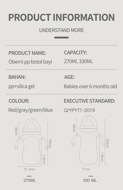 Oberni Baby Bottles, Weighted Straw Toddler Milk Bottles with Non-Slip Handle, Size + Variable Fast Flow, 12+ Months, BPA-Free, Pink/1Pack/9oz