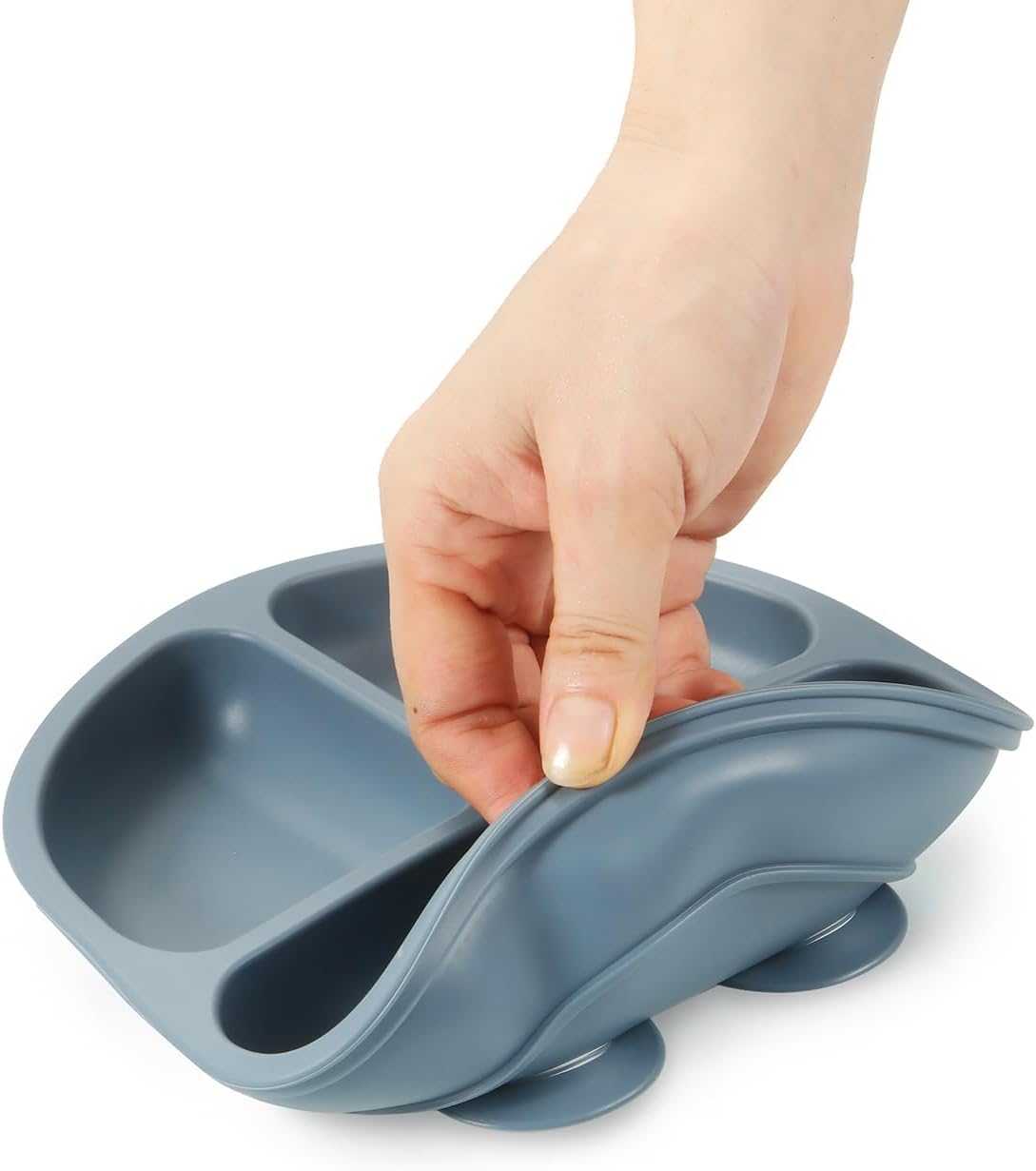 PandaEar Baby Feeding Set, 3 Pack Toddler Plates with 3 Spoons, 100% Silicone Divided Suction Plate for Babies, BPA-Free, Dishwasher and Microwave Safe -Blue/Red/Brown
